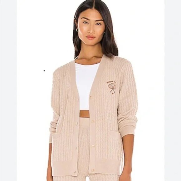 Morgan Stewart Sport Cashmere Cable Knit Tennis Cardigan‎ Sweater Tan Beige XS - Picture 1 of 7